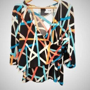 Lightweight L-XL TRIBAL Stretchy 3/4 sleeve vibrant cross blouse top EUC